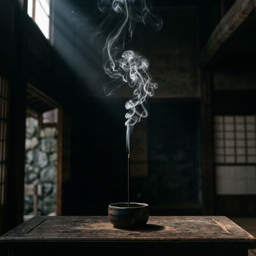 Incense smoke curling upward in dim temple light
