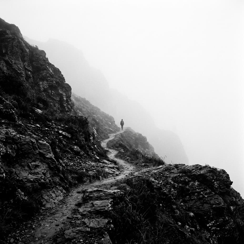 A single path disappearing into mountain mist
