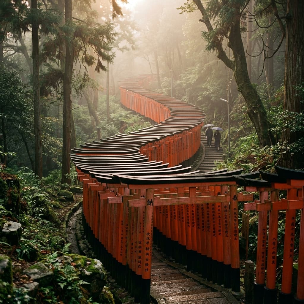 伏見稲荷 Fushimi Inari thousands of vermilion torii gates winding up the mountain