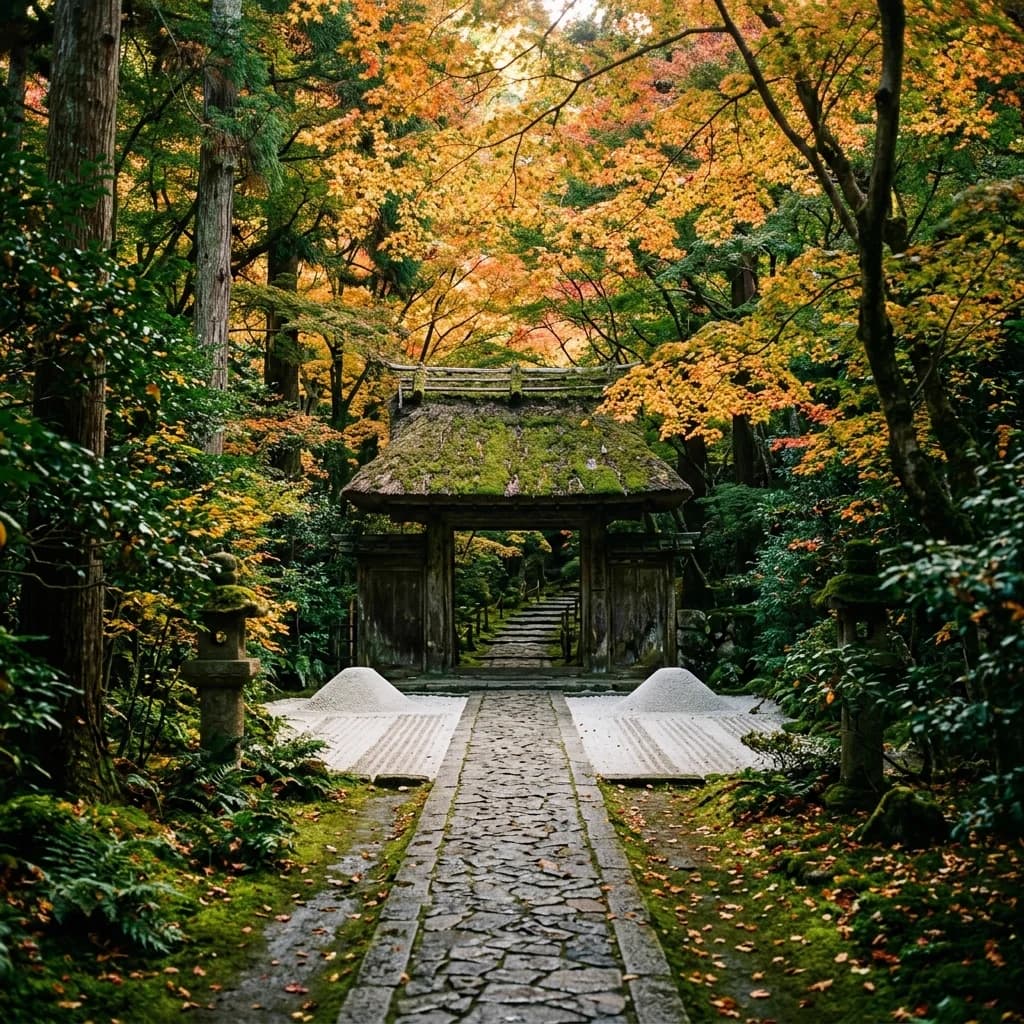 法然院 Honen-in moss garden with white sand mounds and thatched gate