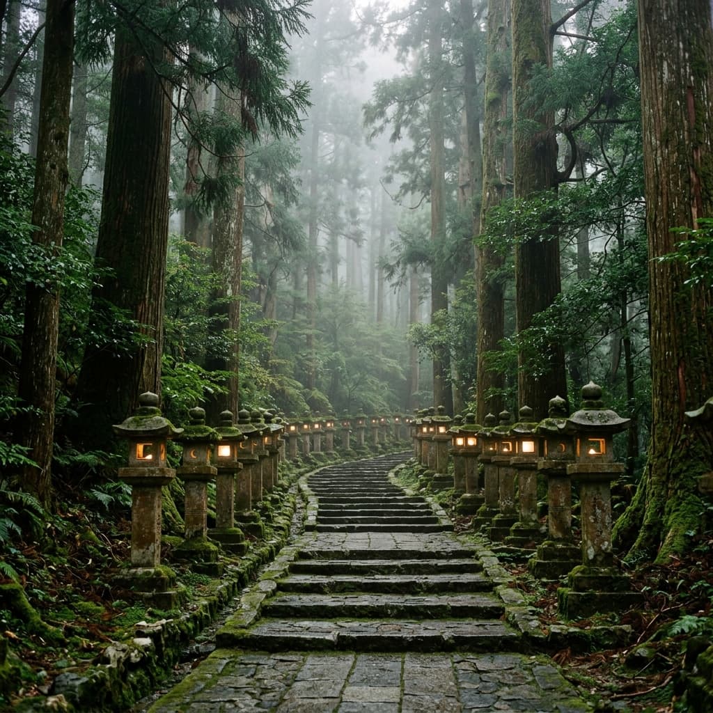 貴船神社 Kibune Shrine stone lanterns lining the approach path through forest