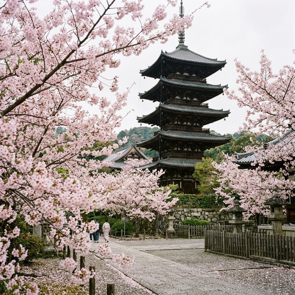 仁和寺 Ninna-ji five-story pagoda with Omuro cherry blossoms in foreground