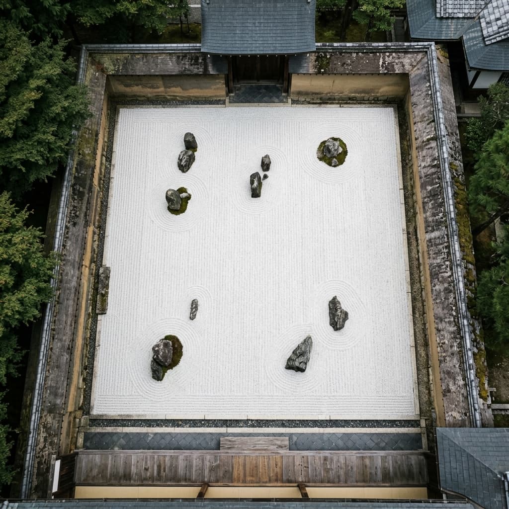 龍安寺 Ryoan-ji karesansui rock garden — fifteen stones in raked white gravel