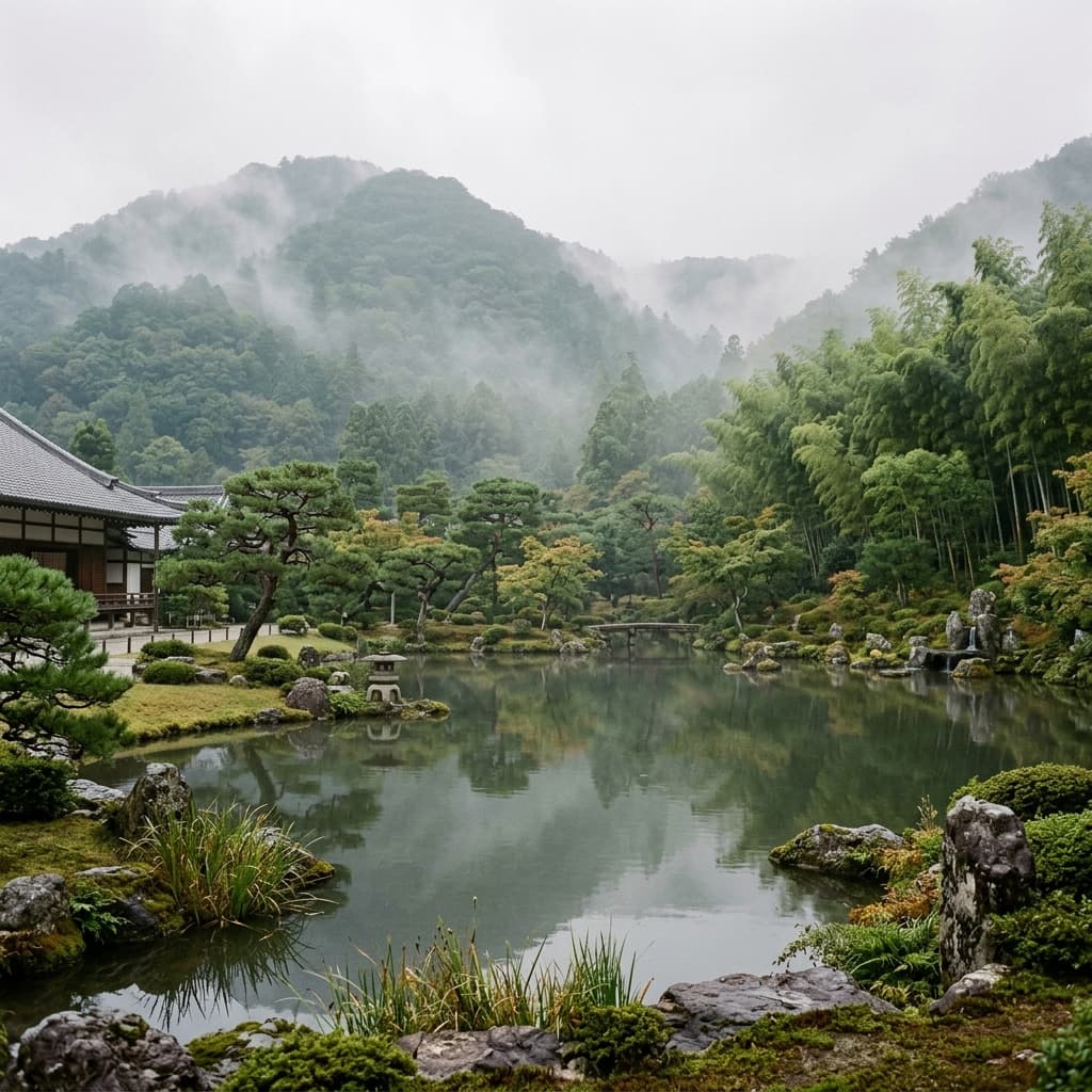 天龍寺 Tenryu-ji garden with Arashiyama mountains in background